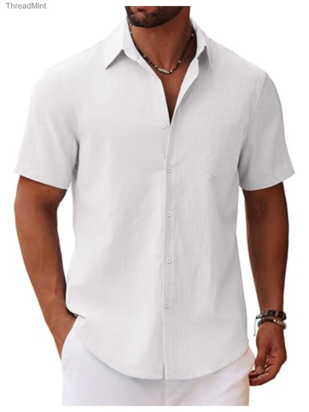 Men's Pure Cotton Button Down Short Sleeve Shirt Casual Summer Beach Linen